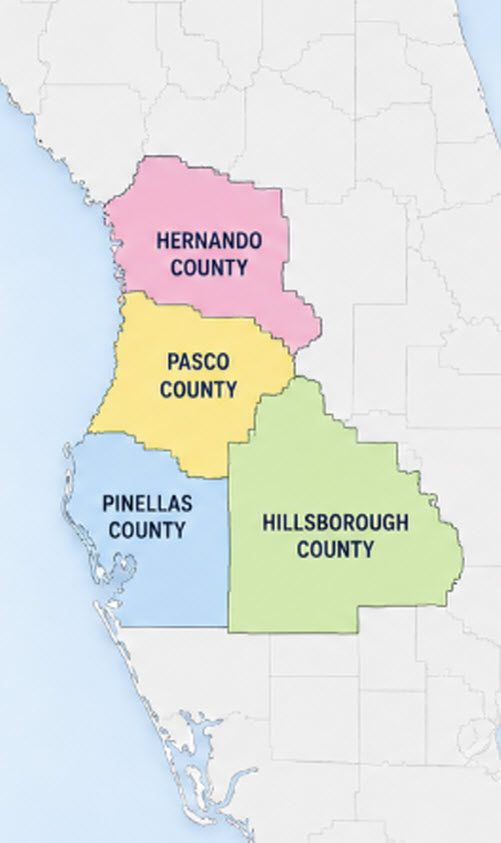 VIP Pest Control service area map showing Pasco, Pinellas, Hernando, and Hillsborough Counties